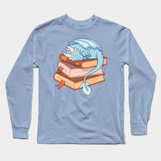 Little blue dragon sleeping on a stack of books Long Sleeve T-Shirt